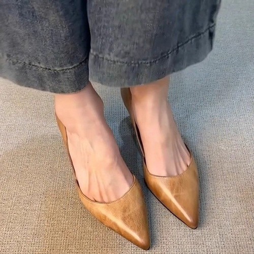 English-style Korean-version pointed-toe deep-mouth single women's retro PU leather flat low-heel fashionable versatile temperament shoes