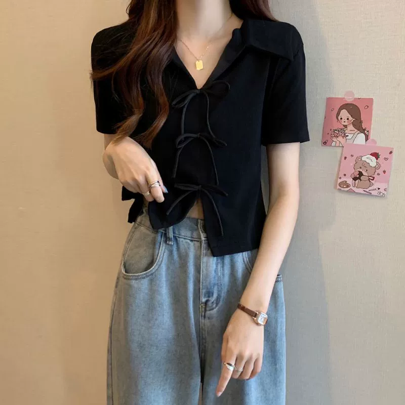 Внешняя торговля через границы новый большой размер плечо polo воротник с короткими рукавами футболка женская летняя свободная нерегулярная рубашка с бантом ins