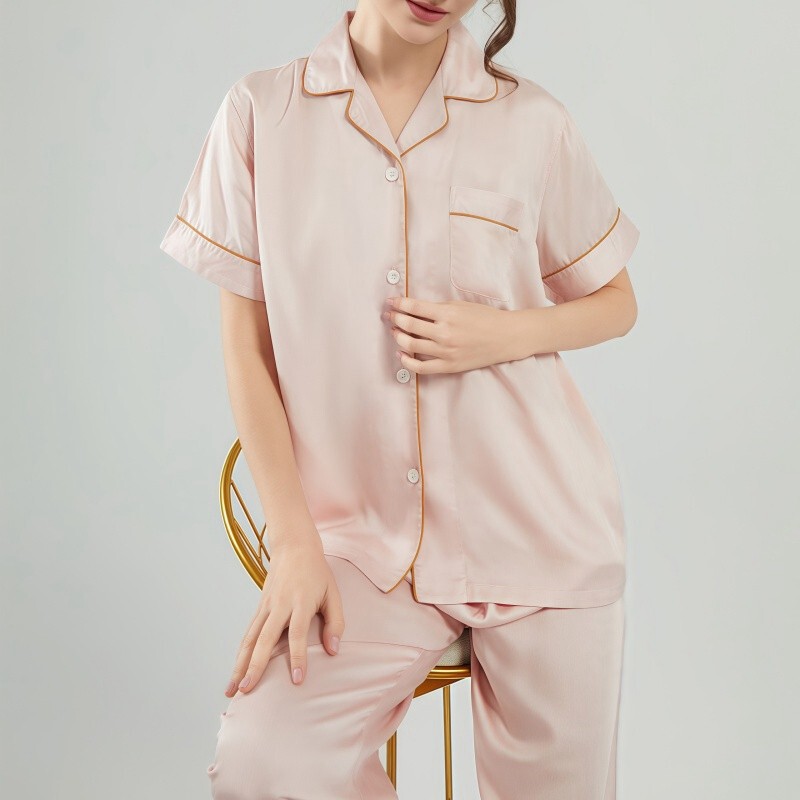 Summer Pajamas with a Turn-Down Collar, Short Sleeves, and Long Pants, Suitable for Wearing Outside as Loungewear, Cardigan-Style, Silky Lyocell Tencel Cotton Sleep Pants Summer Pajamas with a Turn-Down Collar, Short Sleeves, and Long Pants, Suitable for Wearing Outside as Loungewear, Cardigan-Style, Silky Lyocell Tencel Cotton Sleep Pants