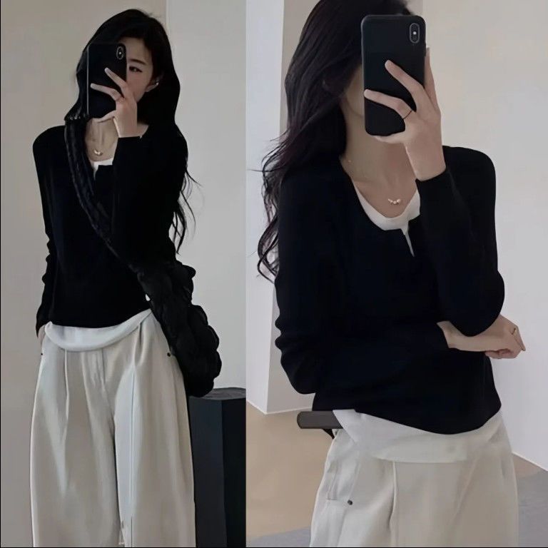 大码黑色假两件长袖T恤女秋季韩版不规则拼接修身显瘦打底衫上衣|undefined