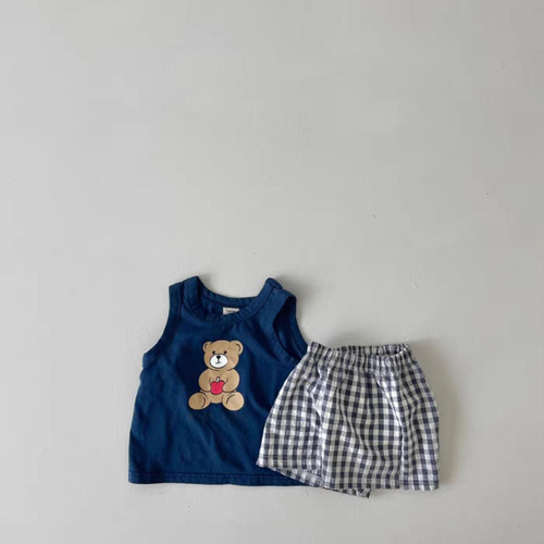 ins Korean summer children's clothing thin cotton loose sleeveless suit baby cartoon vest + plaid shorts two-piece trendy set