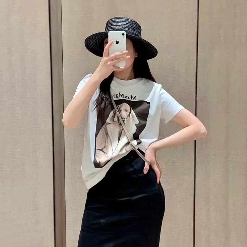 European Station New Max Weimar Dog Head T-Shirt Women Cotton Round Neck Short Sleeve T-Shirt Printed Wholesale Fashion