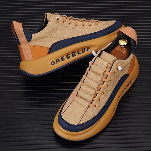 Leather Men's Shoes Korean Style Sporty Casual Black Platform Shoes Men's Thick Heel Trendy Shoes