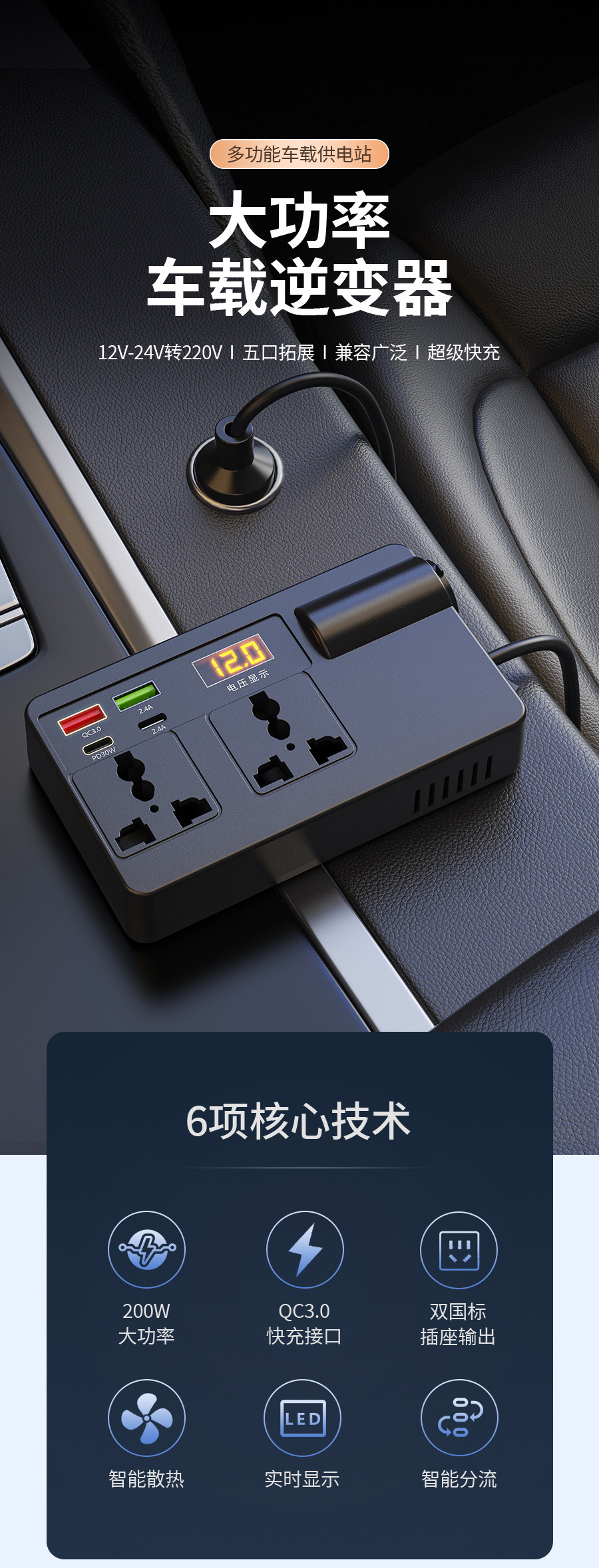 Car Truck 12V24V to 220V Multifunctional Car Inverter Converter Mobile Phone Socket Fast Charger