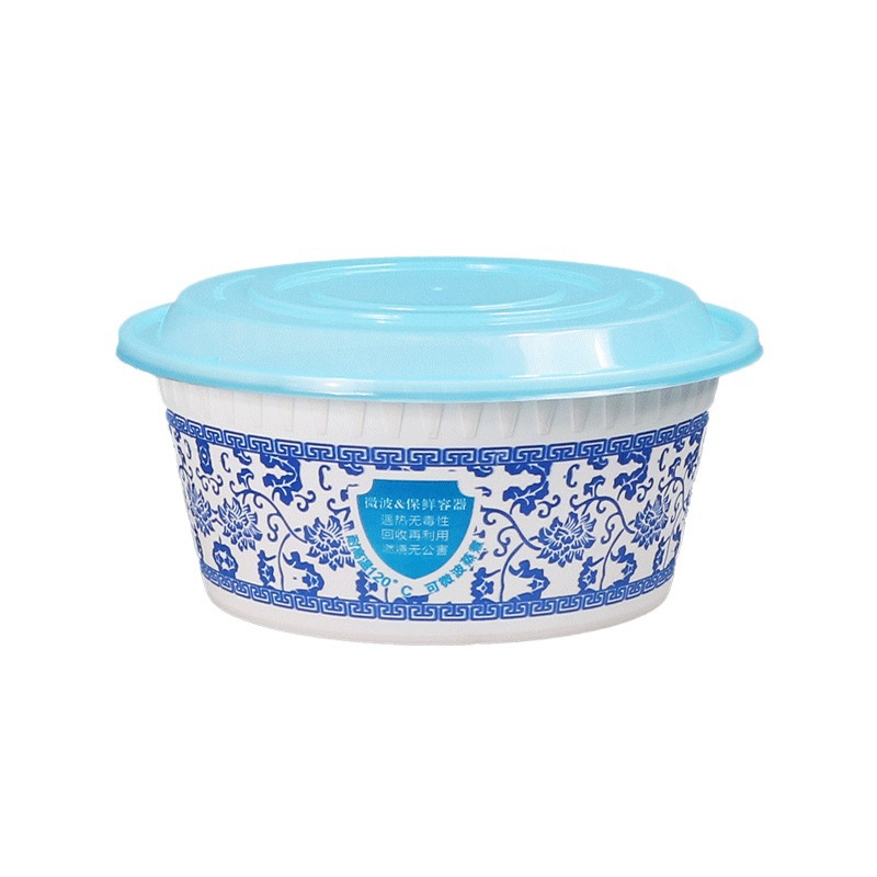 Caja de comidas desechable de porcelana azul con cubierta gruesa de grado alimenticio PP microondas para llevar tazón de embalaje caja de sopa redonda