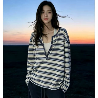 白色知识分子风亨利领条纹T恤早秋装女款2026新款高知小资v领上衣