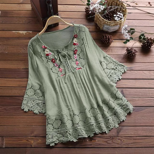 Elegantes Damen-Top mit V-Ausschnitt, Frühlings-/Sommerstil, Patchwork-Spitzenbesatz, lockere Passform, Baumwoll-Leinen-Mischung, europäischer und amerikanischer Stil_voghion.com