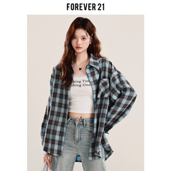 Forever 21韩系撞色格纹防晒衬衫女慵懒休闲上衣chic宽松长袖外套