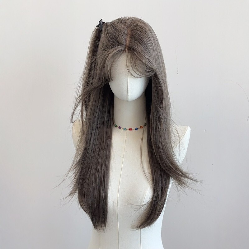 【Milk Tea Gray Brown】Front Lace, Middle Parting, High-Layered Long Straight Hair, Natural Realistic Synthetic Hair Wig, Full Head Cover 【Milk Tea Gray Brown】Front Lace, Middle Parting, High-Layered Long Straight Hair, Natural Realistic Synthetic Hair Wig, Full Head Cover