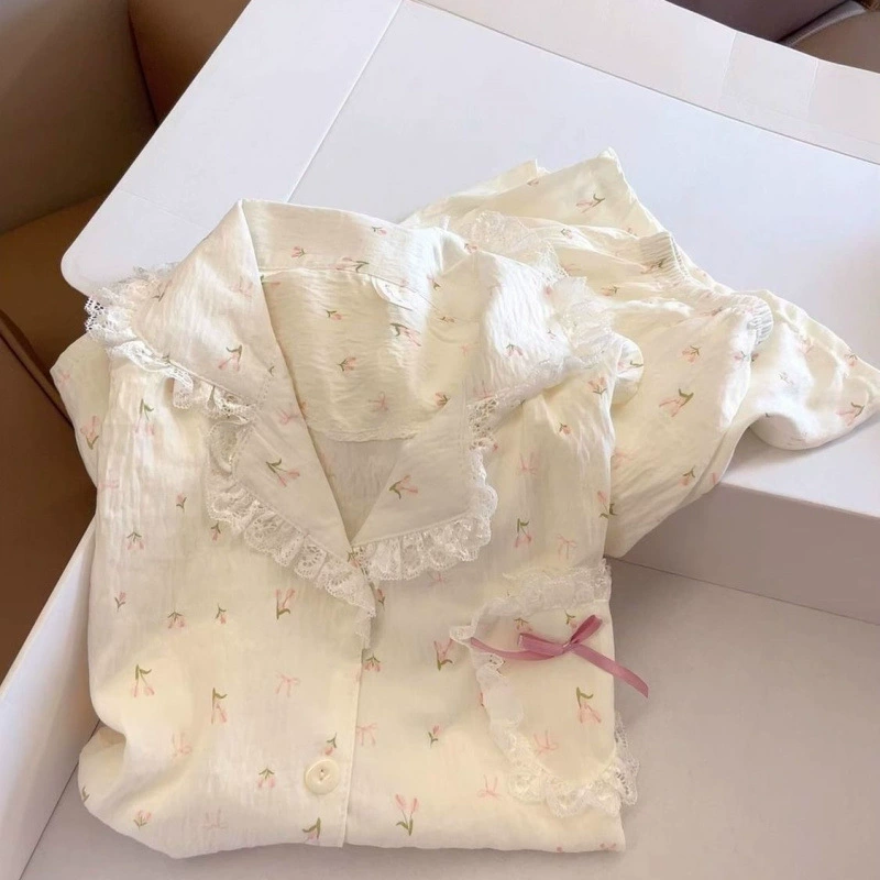 Пижамы Yunduo, женские летние новые шорты с короткими рукавами и цветочным принтом, милая кружевная верхняя одежда для девочек, комплект домашней одежды