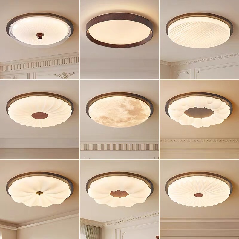 French Mid-Century Style Bedroom Ceiling Lamp 2026 New Model Walnut Color Eye-Protecting Children's Room Lamp Round Retro