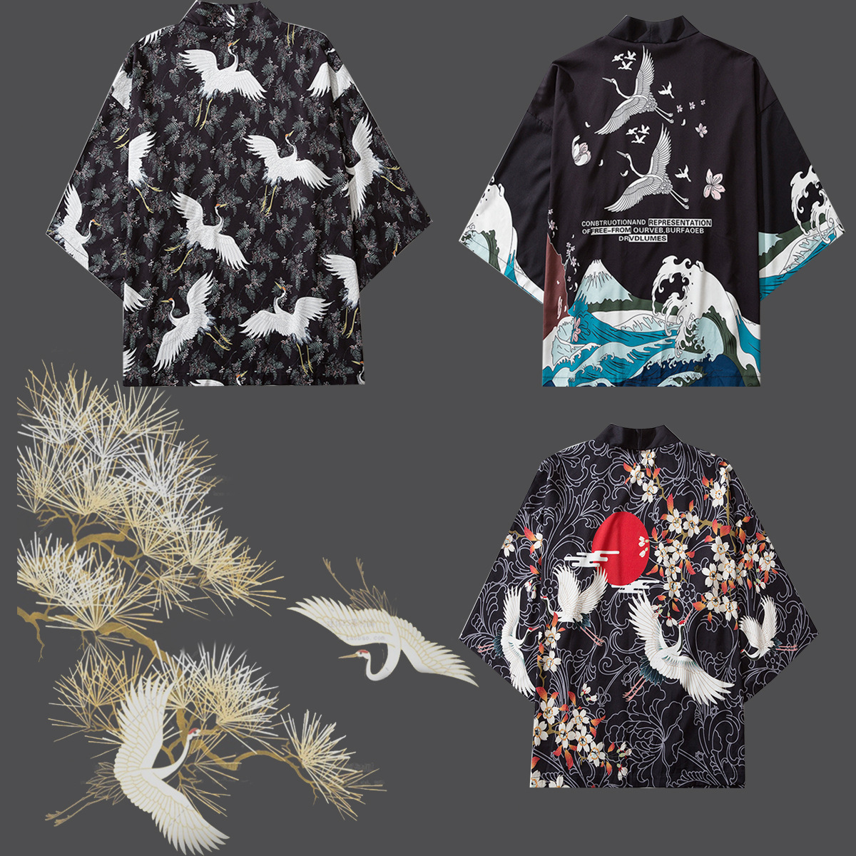 跨境热卖 日式浮世绘仙鹤道袍 3D印花休闲和服披风羽织 男女汉服