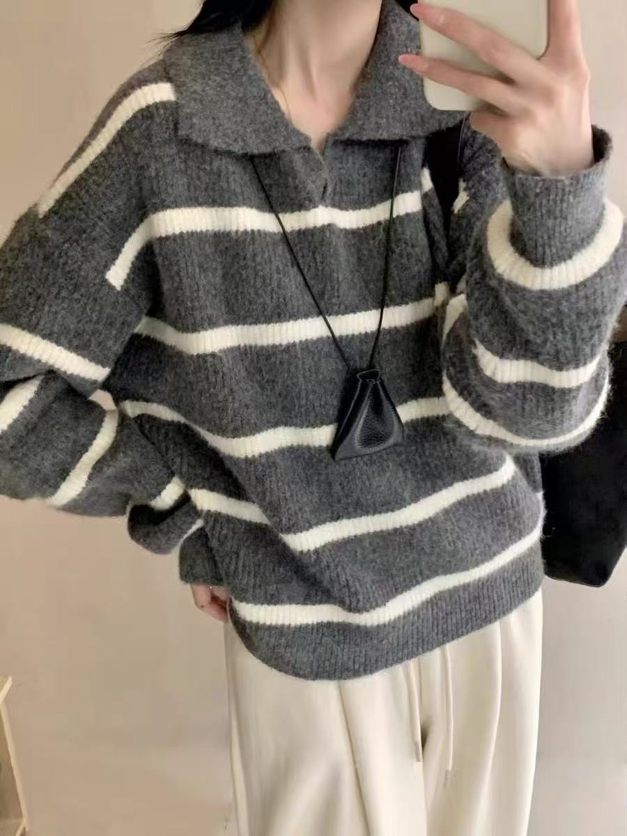Suéter coreano con solapa para mujeres otoño y invierno nuevo estilo simple con rayas de contraste de color perezosas versátiles sueltas camisetas de punto transfronterizas image 7