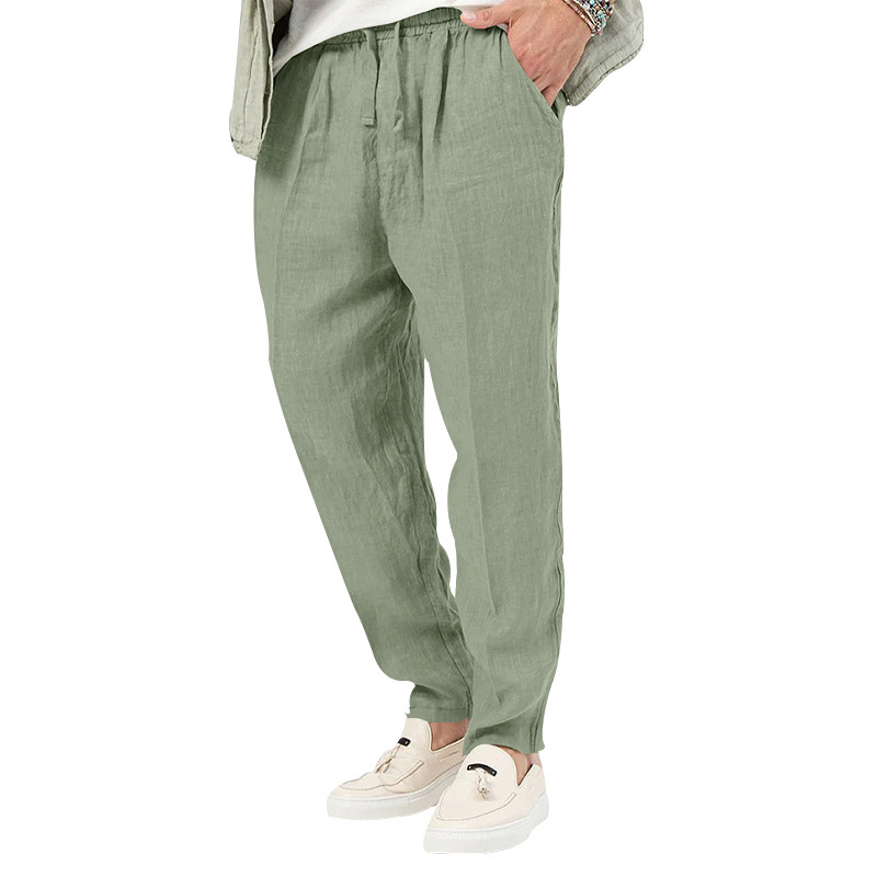 2024 Summer New Thin Men's Fashion Large Solid Casual Drawstring Cotton Hemp Pants_voghion.com