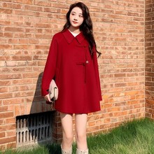 9312秋冬新款双面呢羊毛大衣女士中长款国风红色斗篷毛呢个子外套