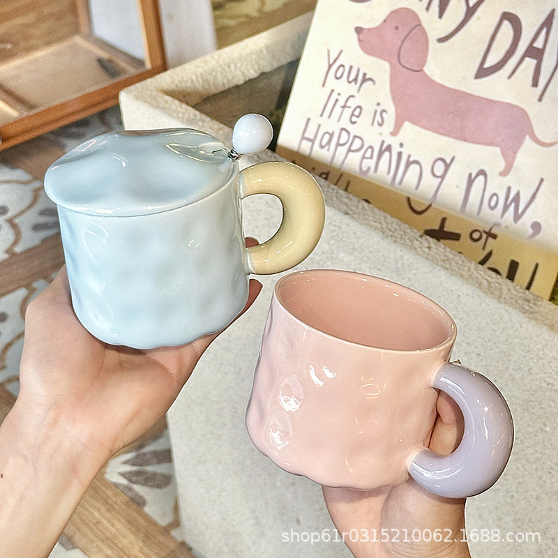 高颜值杯子套装女家用喝水带盖带勺子陶瓷水杯办公室咖啡杯马克杯