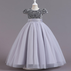 Girls' dress, evening dress, sequin mesh tutu skirt, long princess dress, sweet bow on the back
