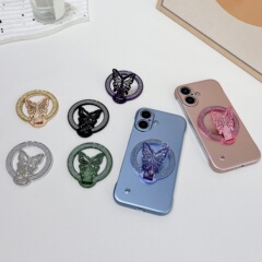 クロスボーダー グリッター蝶型スマホスタンド マグネット式ワイヤレス充電 超薄型 折りたたみ式 背面貼り付けリング型スマホホルダー 汎用