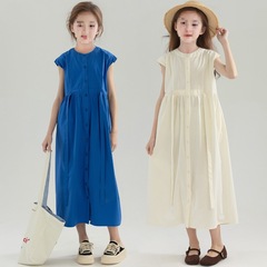 クロスボーダー夏の女の子の純綿ロングクラインブルードレス子供服新しいラウンドネックシャツドレス中大子供ロングスカート