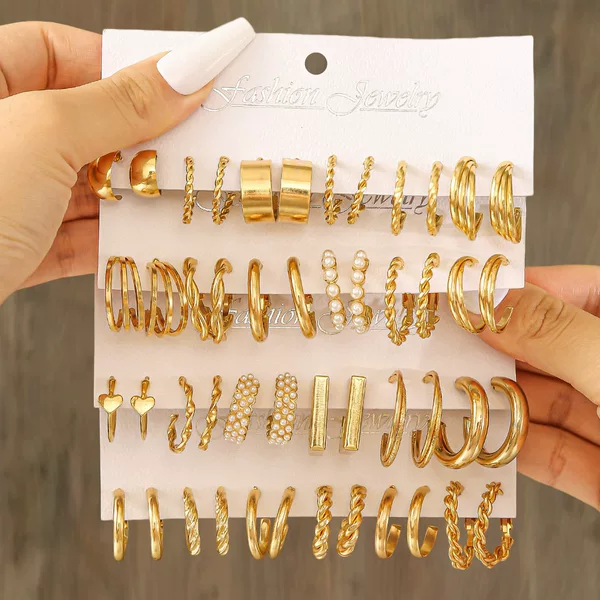 European and American C-Shaped Metal Texture High-End Personalized Earrings for Women, Retro Twist Earrings Set, 6-Piece Set Earrings