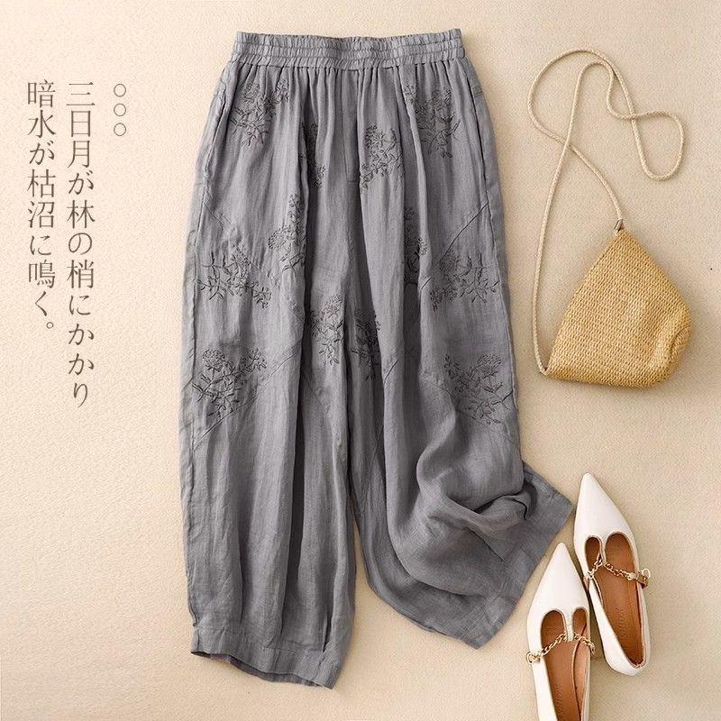 綿とリネンのアートハーレムパンツ婦人服 2025 夏の新レトロ刺繍軽くて通気性のある弾性ウエストブルマトレンディ|undefined