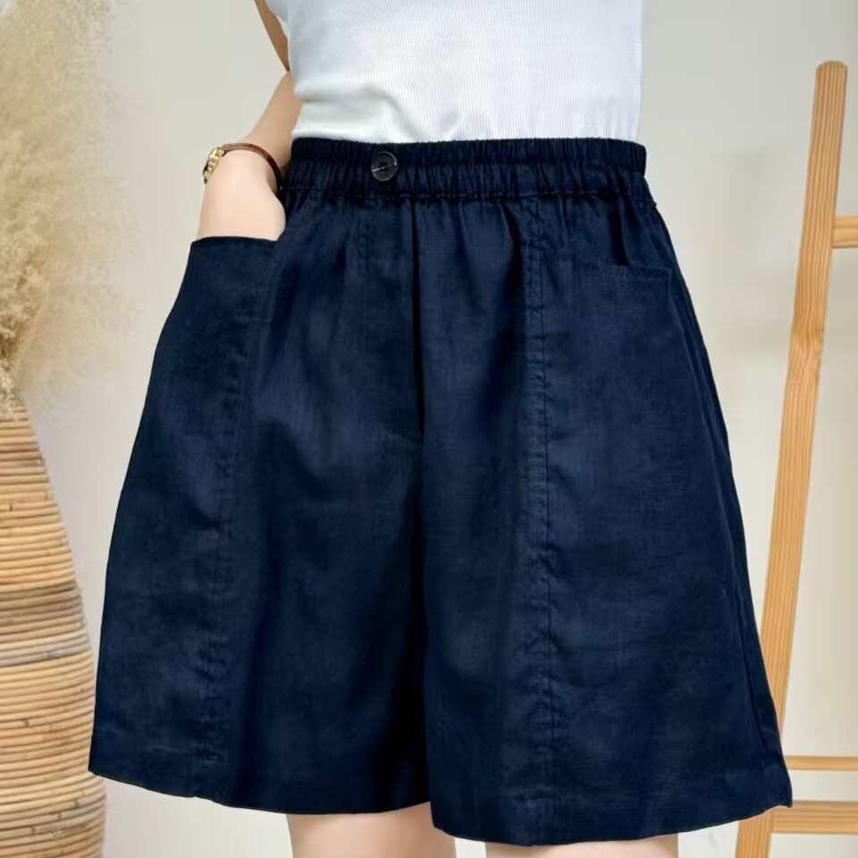 Pure Linen Shorts Women's Summer Style Simple Fashion Literary Retro Elastic Waist Solid Color Casual Straight Wide Leg Shorts