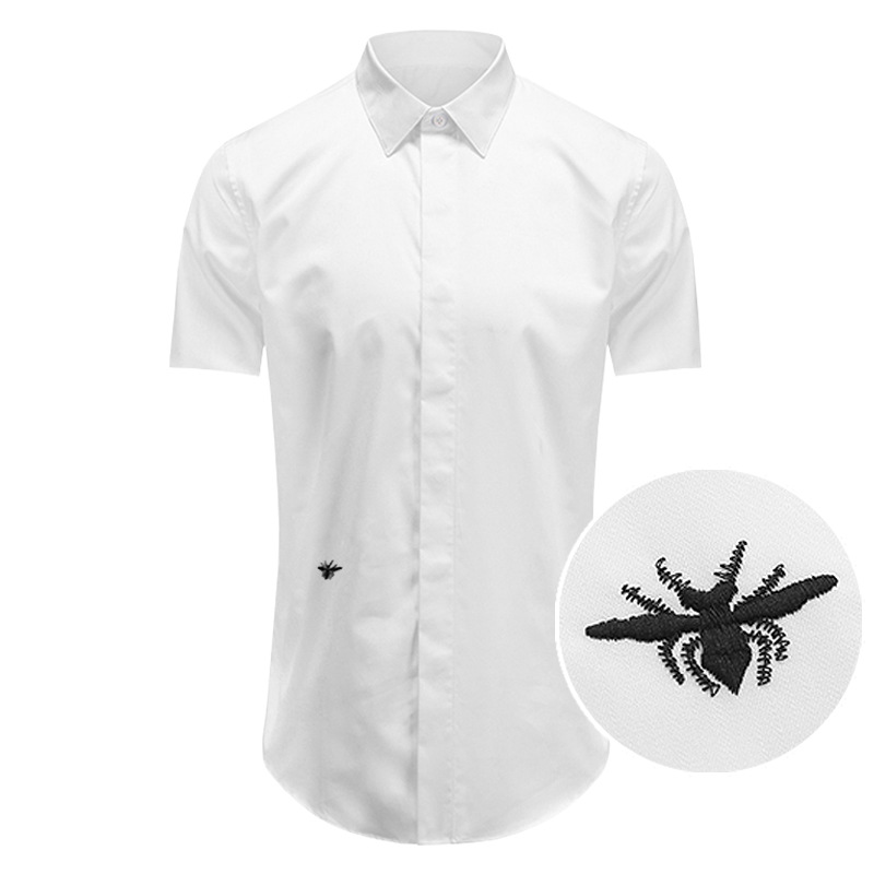Summer short-sleeved men's shirt small bee embroidery black and white classic shirt short-sleeved