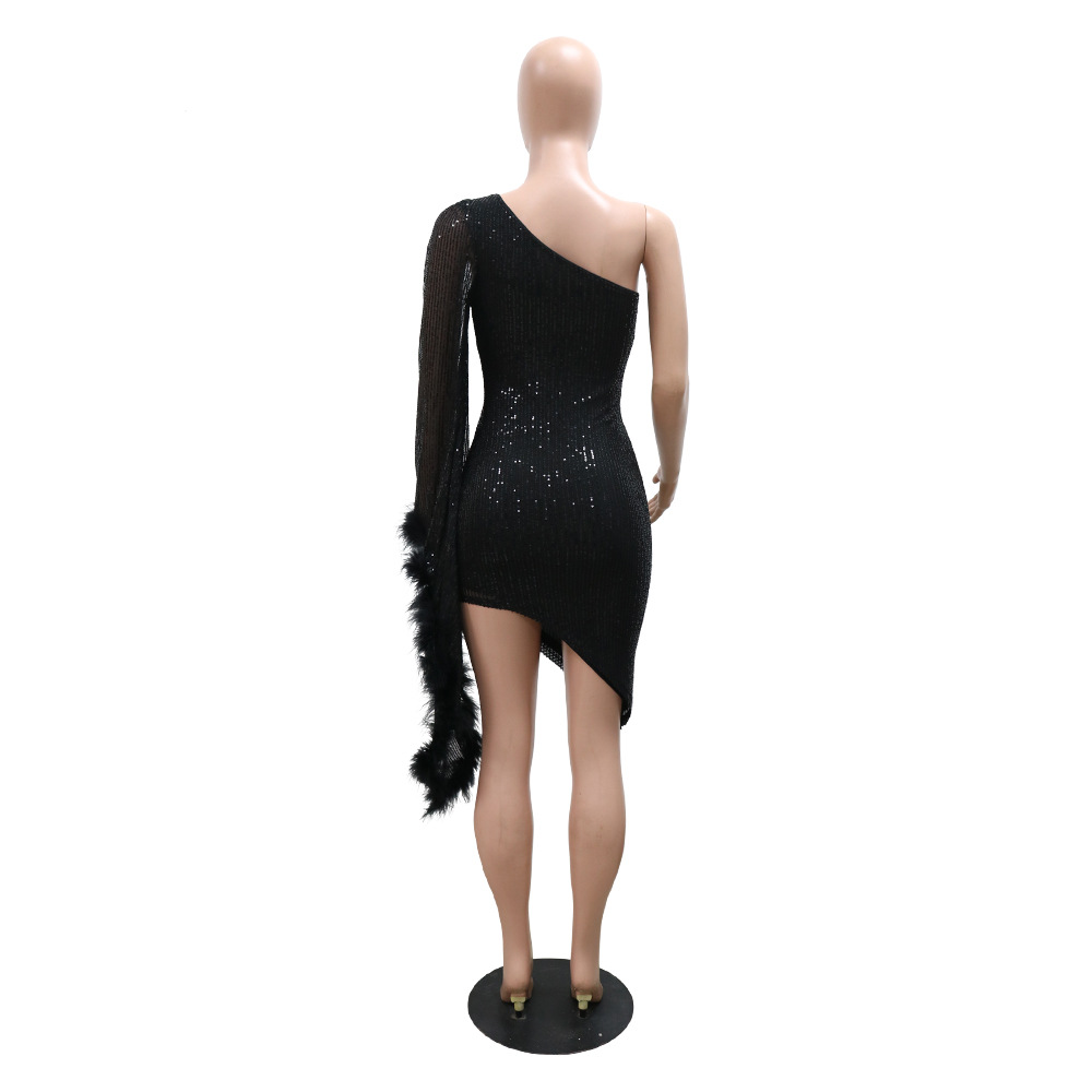 Diagonal Collar Irregular Asymmetric Sequined Sheath Dress for Women