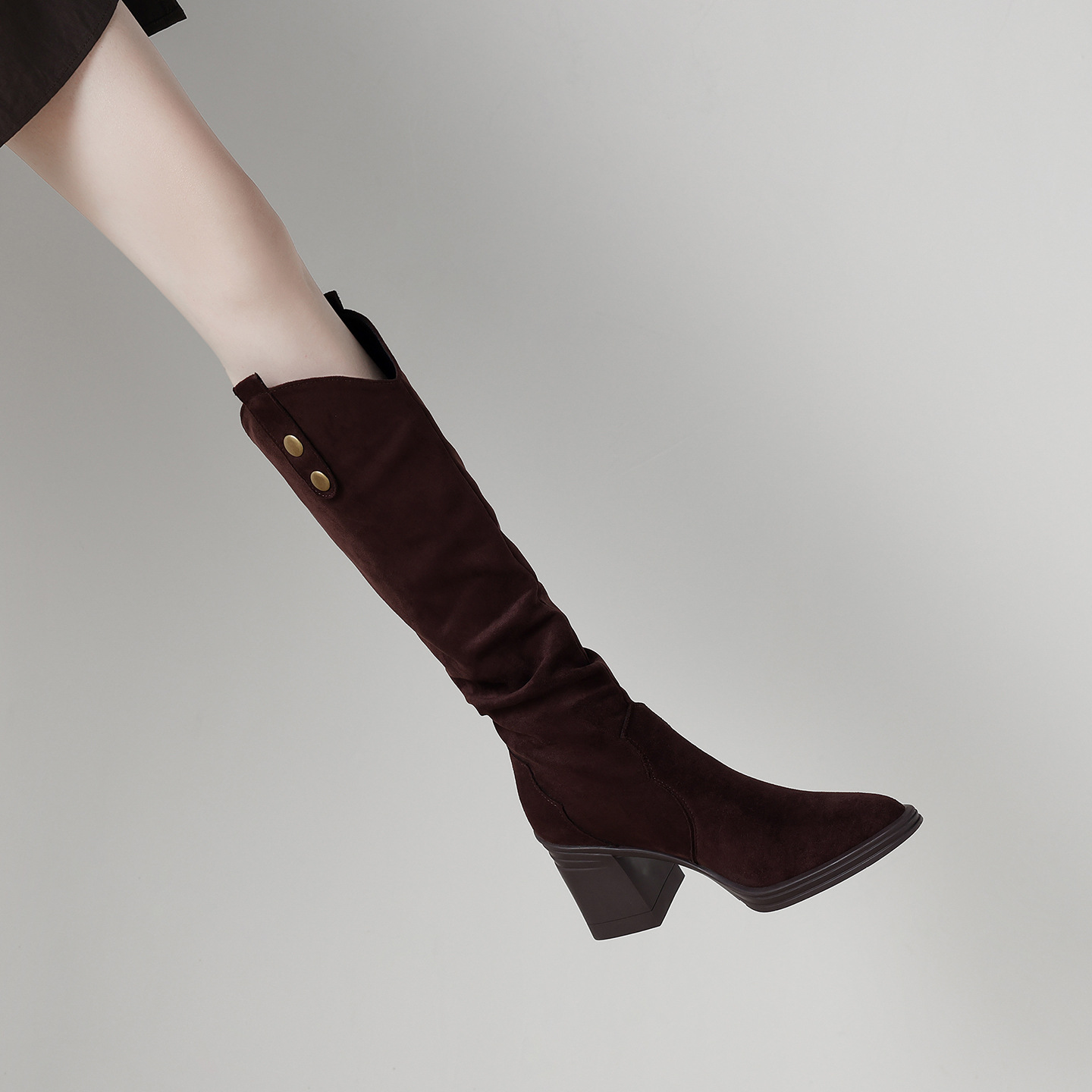 283-7 Sheepskin Fashion Boots, Suede High-Heeled Slouch Boots, Women's Long Boots, New Autumn and Winter Style, Knee-High Boots
