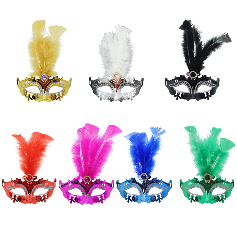 Máscara de media cara, máscara de ojos de carnaval, plumas de hada, decoración de diamantes de imitación electrochapados, accesorio para fotos de influencer estilo INS