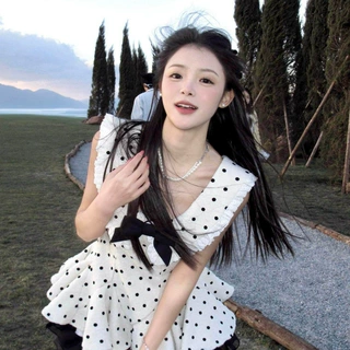 法式甜美气质波点蓬蓬连衣裙女夏季蝴蝶结拼接蕾丝收腰显瘦短裙子