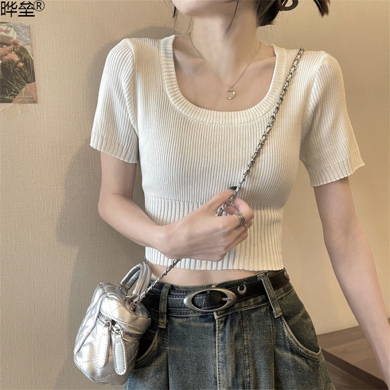 Vintage Apricot Short-sleeved Square Collar Shirt Knitted Sweater Women's Summer Small Slim-fit Slimming Western Style Shoulder Short Top