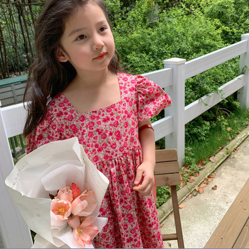 Sweet princess dress with floral pattern and solid color, square neck, for girls, 24 summer new model, foreign trade children's clothing, drop shipping