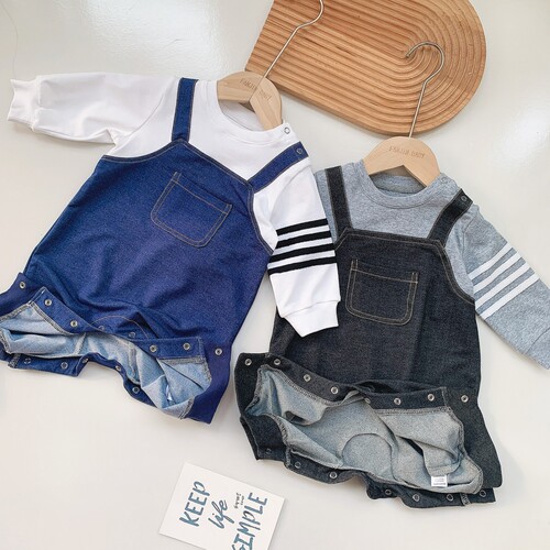 Internet celebrity trendy baby jumpsuit fake two-piece male baby hoodie new style children and girls knitted denim crawler suit