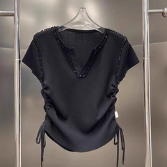 ヨーロッパアイスシルクニット半袖TシャツレディースサマーデザインVネック巾着プリーツTシャツハイエンドビッグブランドトップ