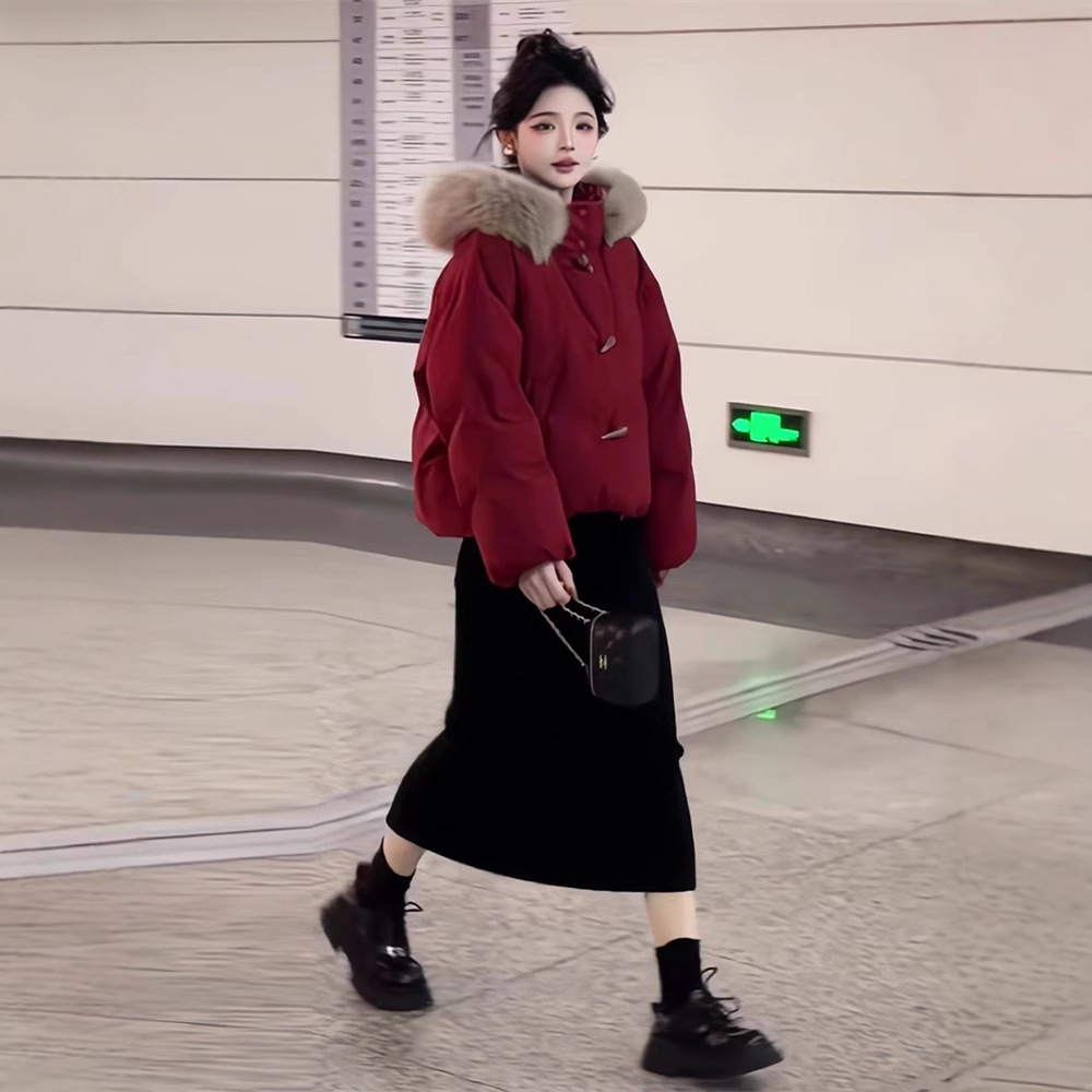 Red winter short down jacket with down