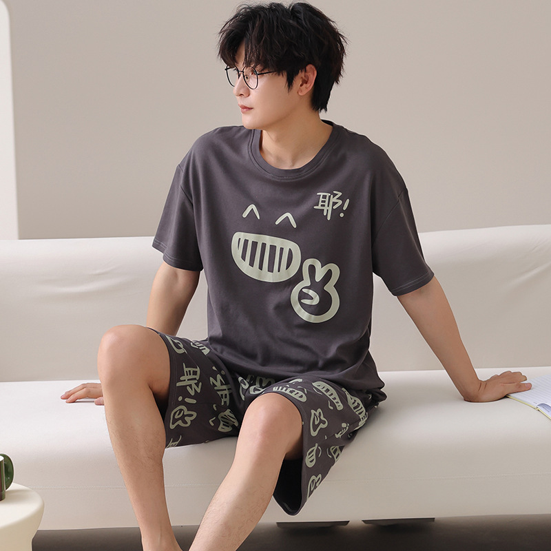 Pajamas Men's Thin Pure Cotton Short-Sleeved Teenagers Cartoon College Students Pure Cotton Summer Wearable Home Clothes Set