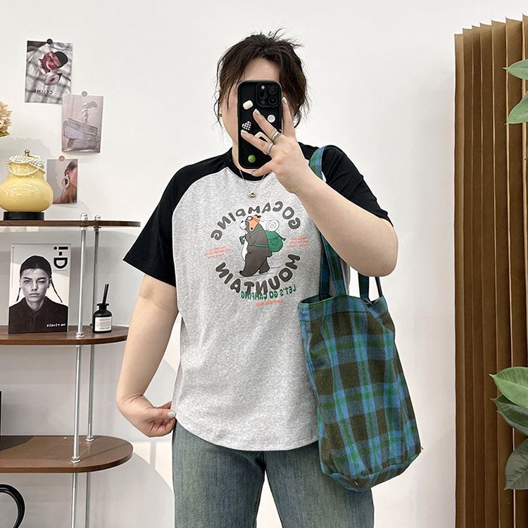 plus size American short sleeve T-shirt women's 2024 summer new fat mm300 kg loose cotton raglan sleeve T-shirt jacket