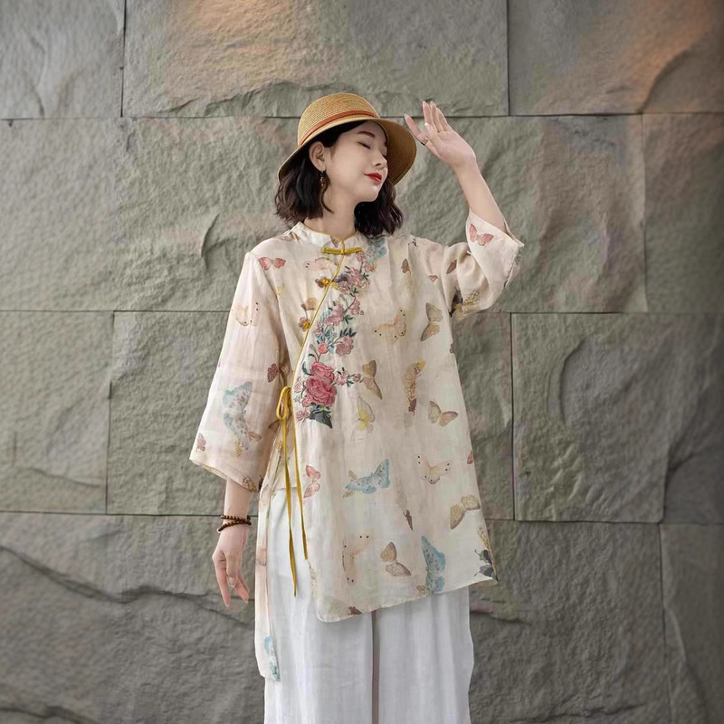 2025夏季新款苎麻七分袖女士刺绣长衫苎麻国风文艺女士中长款T恤|undefined