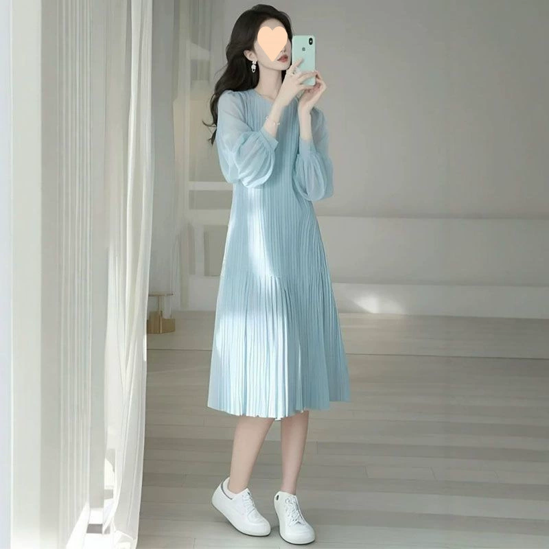 Синее шифоновое платье с завышенной талией, французский высококлассный стиль, новинка весны 2025, длинная юбка с длинными рукавами, женская одежда