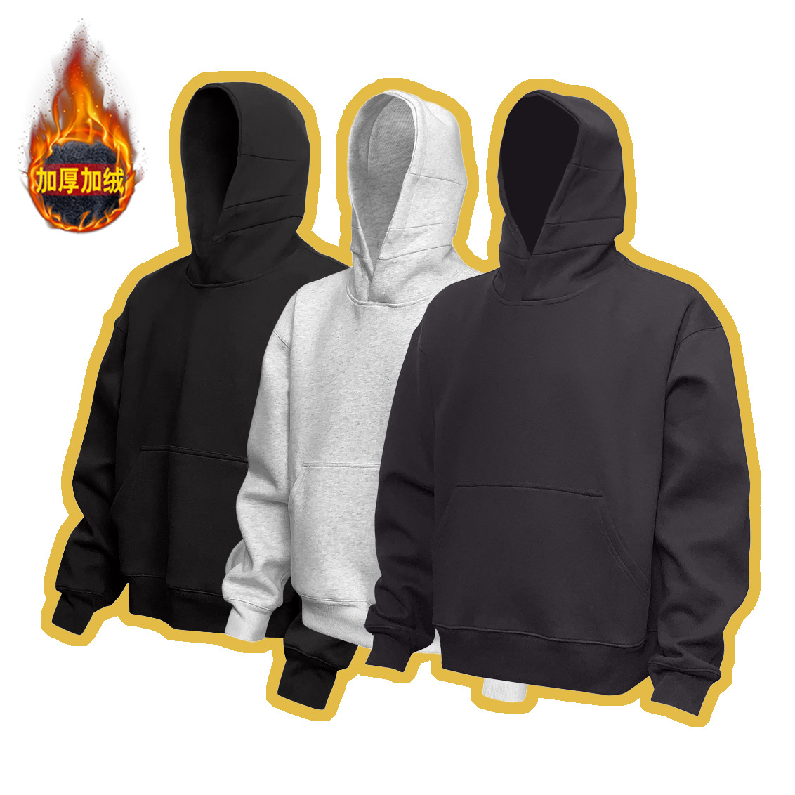 Winter new men's sports leisure running fitness solid color loose fleece-lined thick hooded long sleeve sweater foreign trade
