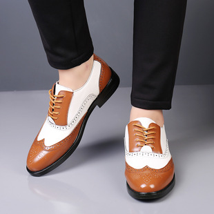 Leather shoes men's plus size color matching formal wear British brogue carved pointed Business Men's shoes lace-up men's leather shoes men