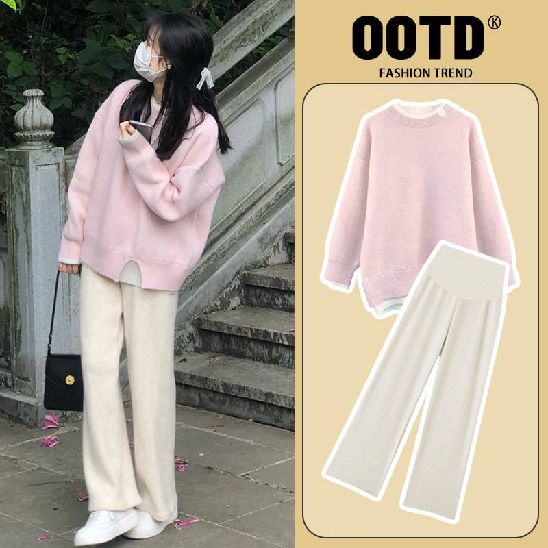 Fall in stock French gentle western style sweater lazy style loose meat covering knitted top belly support pants pregnant women suit