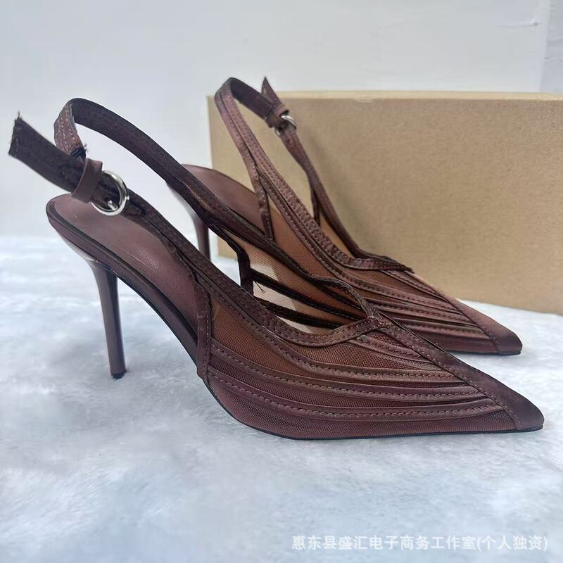2026Za In-Stock Spring New European and American Style Mesh Slimming Pointed Toe Stiletto High Heel Slingback Women's Shoes