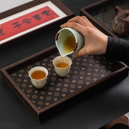 Chinese-style retro rectangular desktop jewelry stand key entryway storage box, luxury leather tea tray plate for home use
