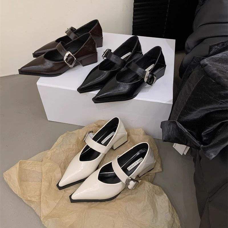 法式黑色尖头单鞋女鞋子2025新款春秋冬中高跟晚晚鞋玛丽珍小皮鞋