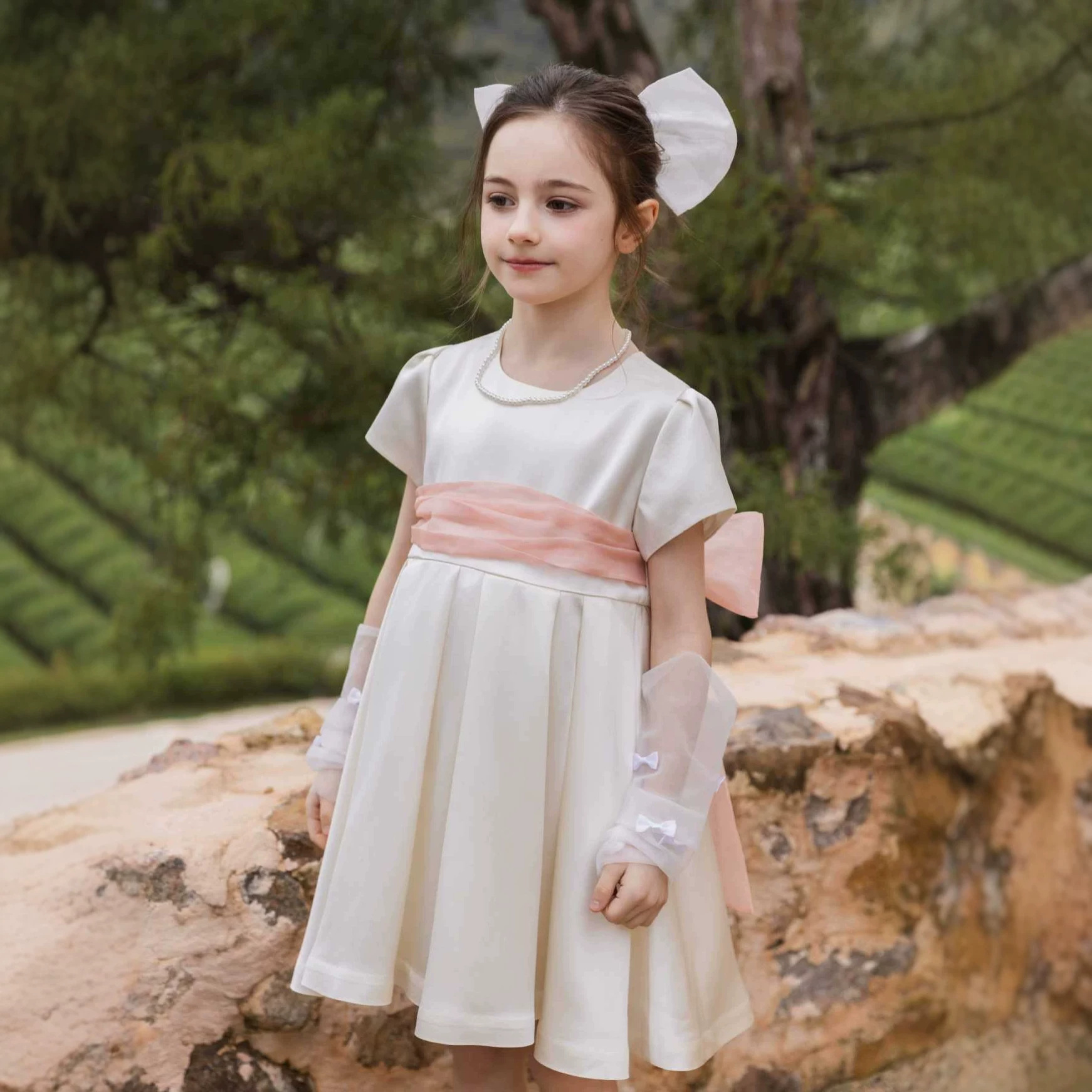 女童礼服醋酸光泽加大撞色蝴蝶结生日礼服裙夏季轻奢高端公主裙