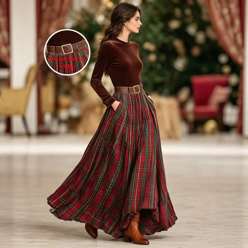 New vintage red plaid long skirt for women, British style, high waist, elastic waistband, cross-border factory wholesale