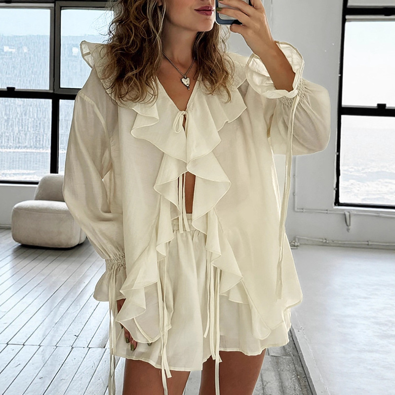 European and American Design Ruffled Fashion Casual Suit 2025 Spring and Summer New Lace-Up Cardigan Top Shorts Women's Clothing