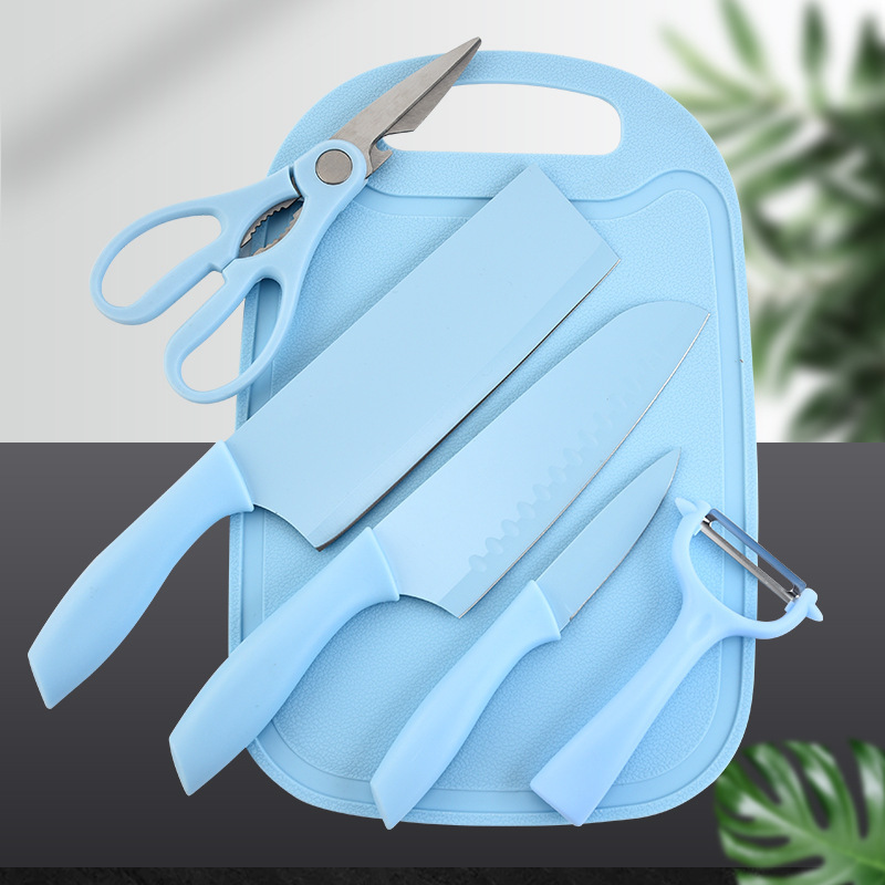 Fabricantes de cuchillos de pintura de cocina de acero inoxidable seis piezas con platos afilados caja de regalo al por mayor comercio exterior spot